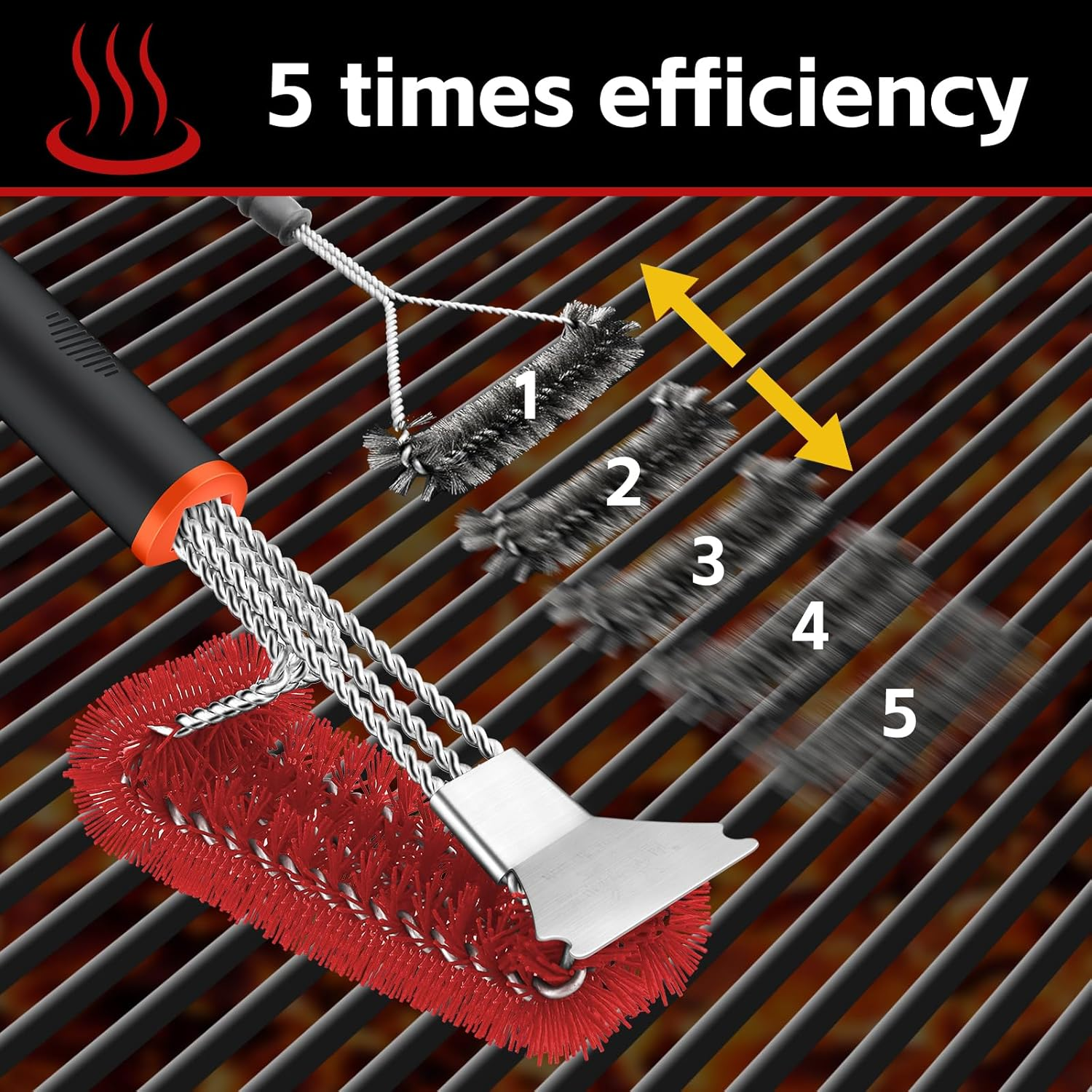 Grill Brush and Scraper, Safe Nylon Bristles Barbecue Triple Scrubbers Cleaning Brush for Cast Iron Grates/Porcelain/Weber Gas/Charcoal Grill，Extra Strong BBQ Cleaner Accessories (Red) - Black image number 5