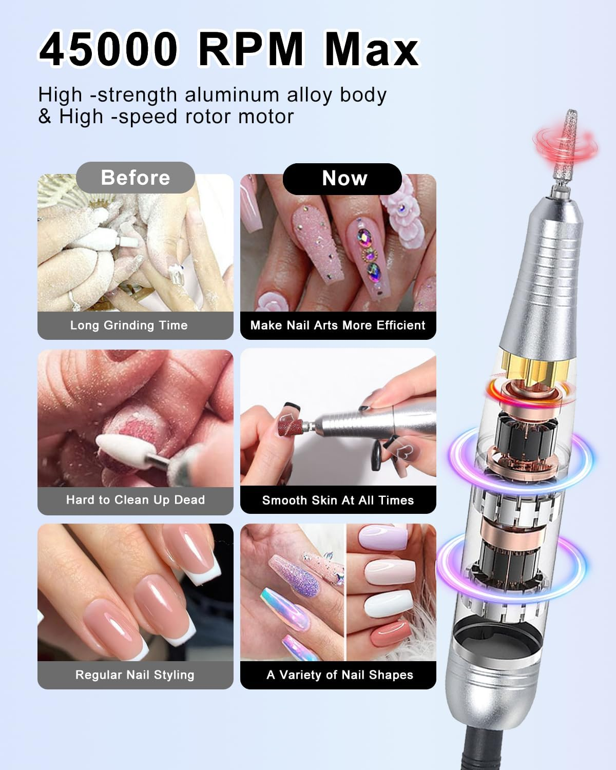 Cordless Nail Drill Professional: 45000 RPM Rechargeable Electric Nail File Kit, Portable & Low Noise for Acrylic, Gel Nails, Manicure & Pedicure - Salon & Home Use image number 5