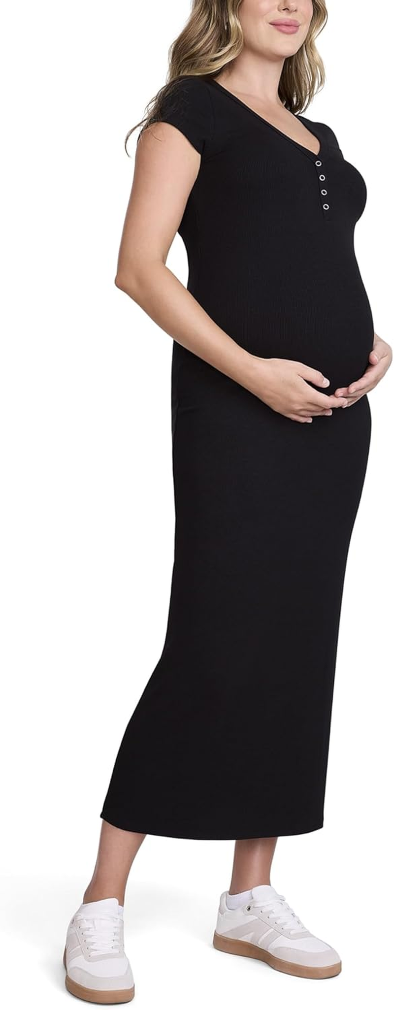 Motherhood Maternity Women'S Short Sleeve V-Neck Henley Rib Knit Bodycon Maxi Pregnancy Dress