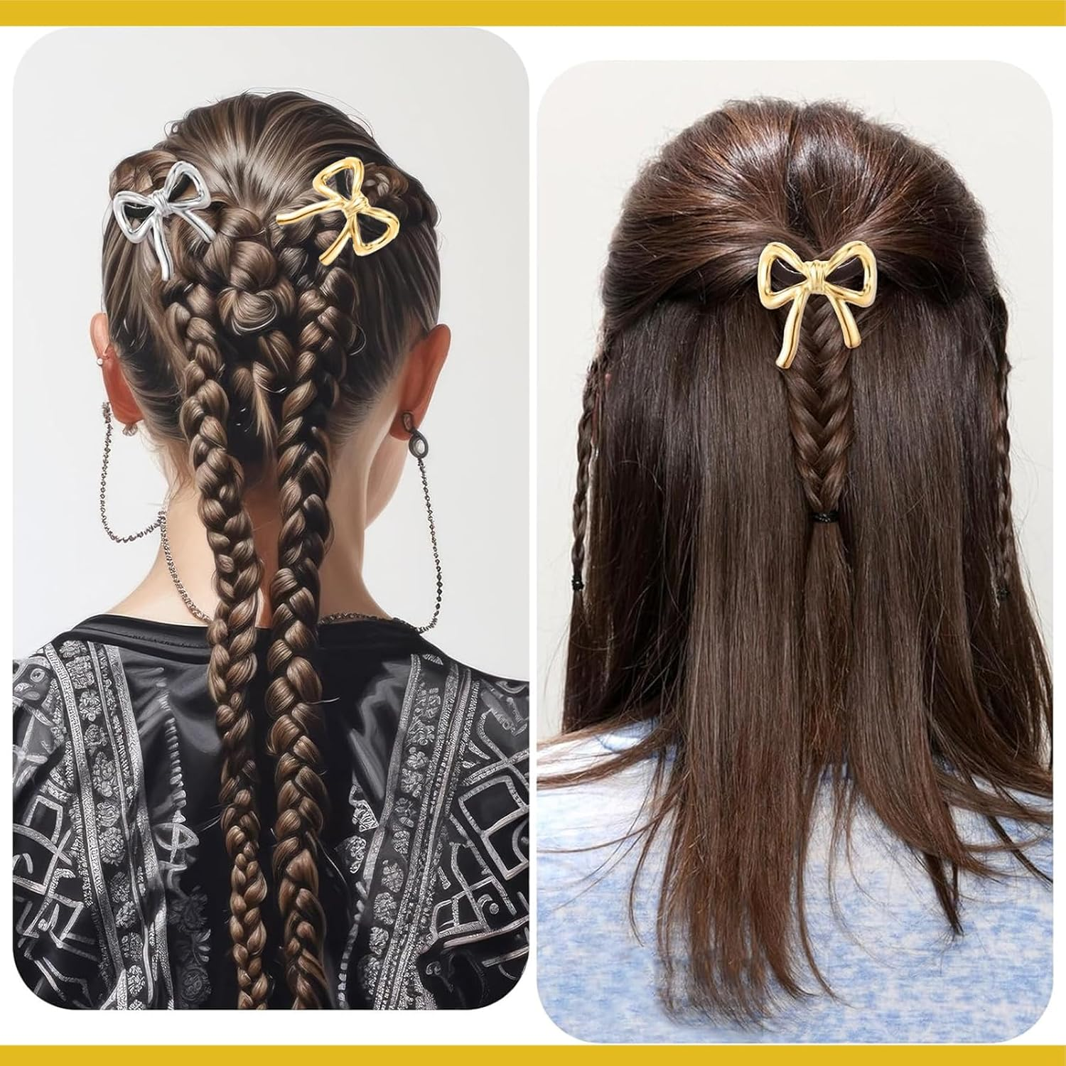 ASOMI 2 Pieces Metal Hair Ties for Women Bow and Ponytail Holder Elegant Rubber Bands for Long Thick Thin Curly Hair (Gold, Silver) image number 6