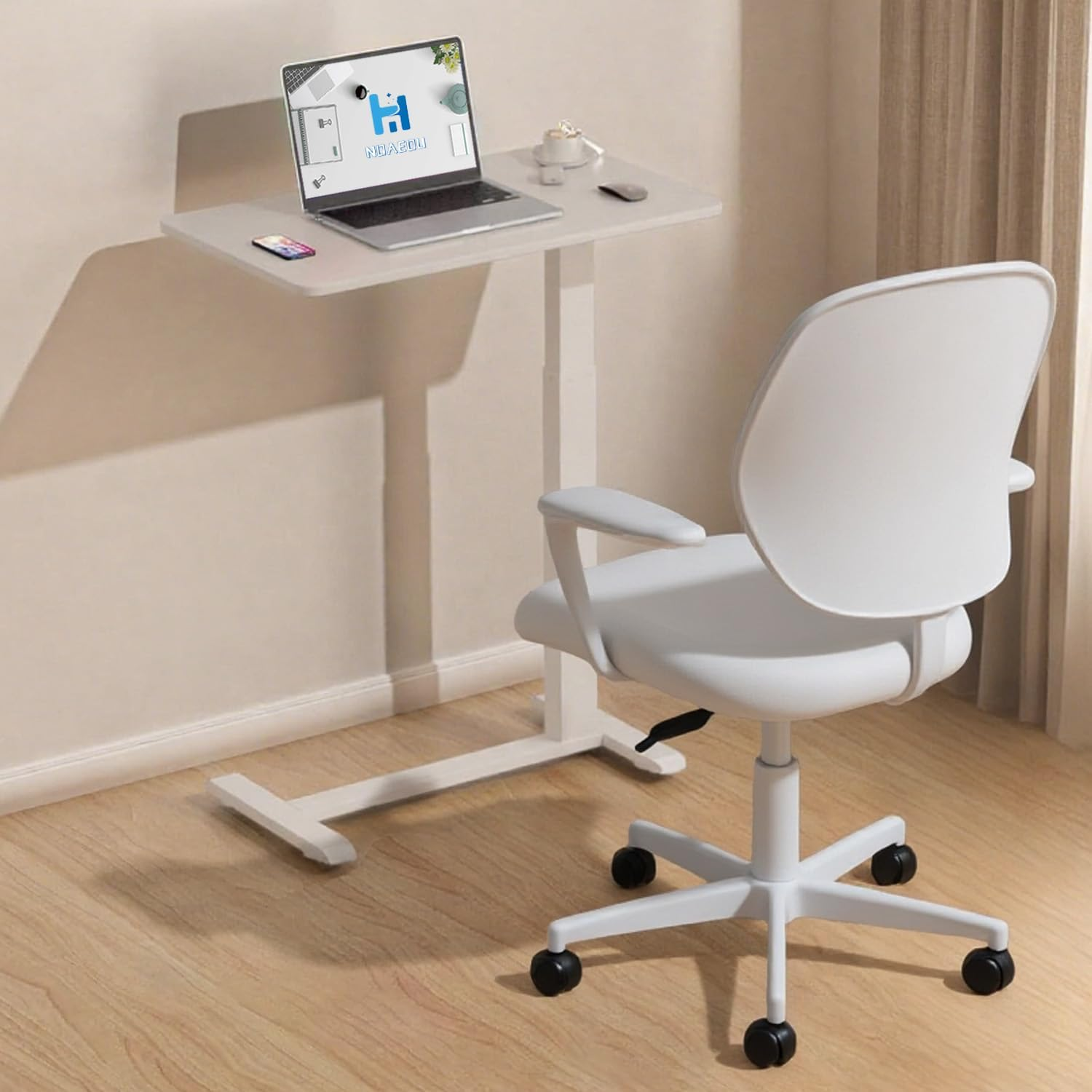 NOAEOU Adjustable Height Side Tables, Hospital Table over Bed for Home Use Swivel, Overbed Bedside Table with Wheels, Pneumatic Moveable Bed Desk, Moveable Rolling Computer Table (White) image number 6