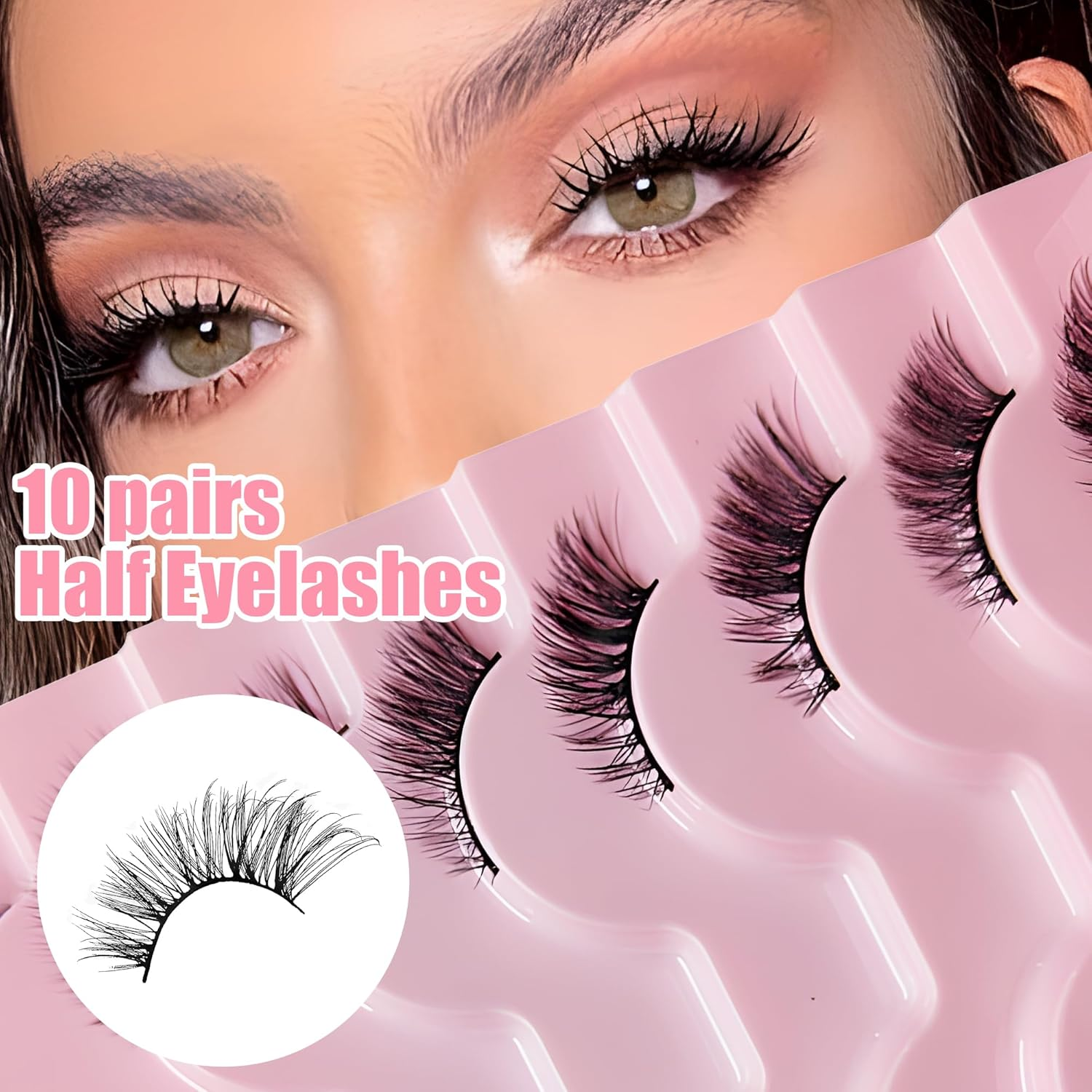 10 Pairs False Eyelashes with Tweezers - Half Lashes Natural Look, Reusable Cat Eye Lashes for Daily/Party/Diy Makeup, 10 Wear Styles, Clear Band & Wispy Demi Lashes (Beginners & Pros)