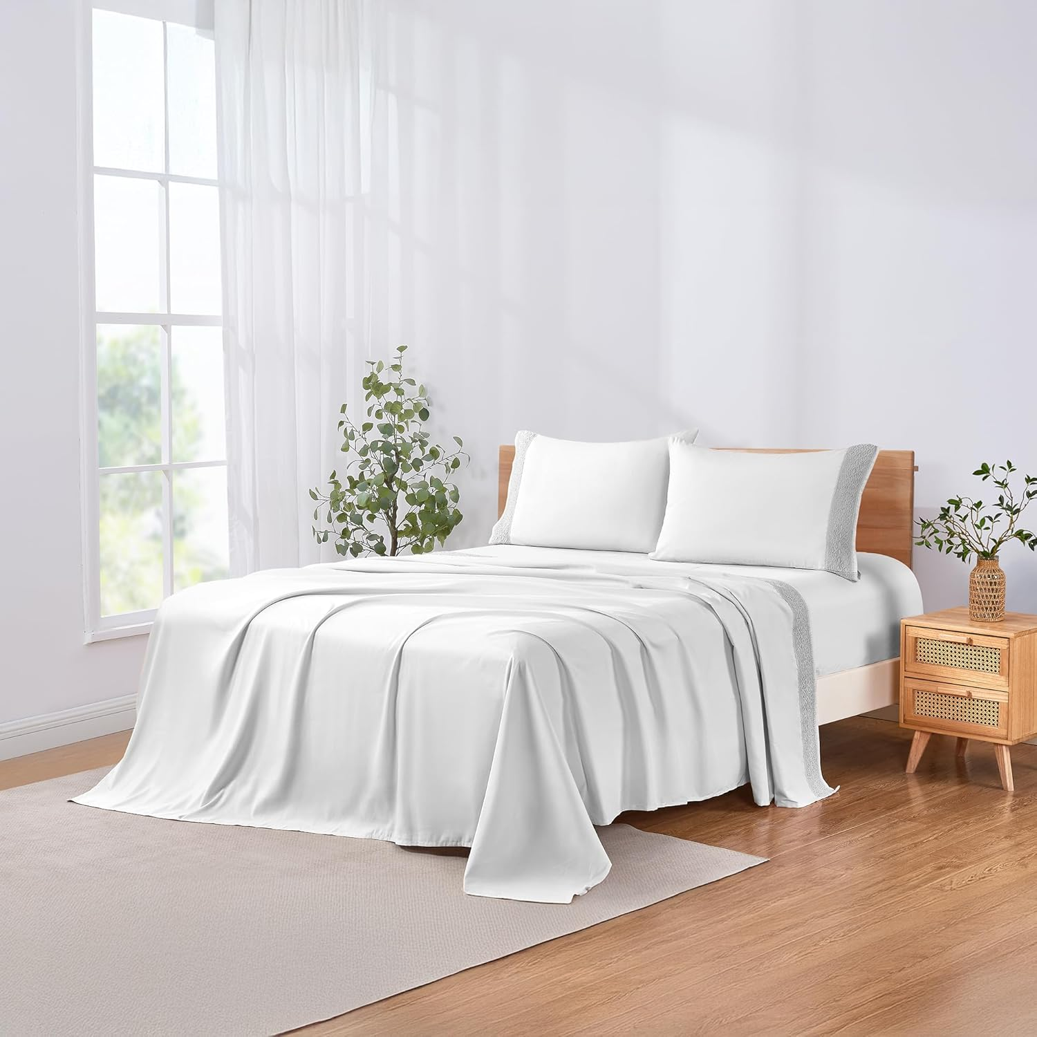 Modern Threads Soft Microfiber Crochet Lace Sheets - Luxurious Microfiber Bed Sheets - Includes Flat Sheet, Fitted Sheet with Deep Pockets, & Pillowcases White Queen image number 6