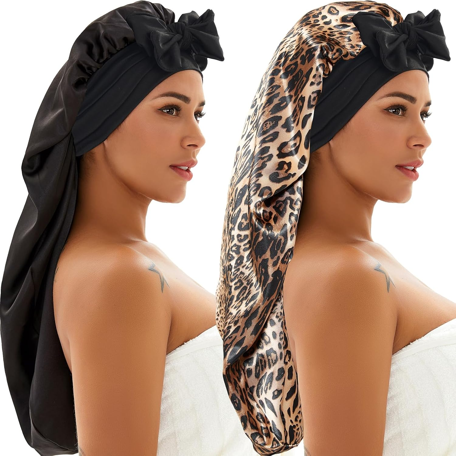 2 Pcs Silk Bonnet for Sleeping, Braid Bonnet Satin Bonnet with Tie Band Sleep Cap for Women Men Long Curly Hair Braids Black