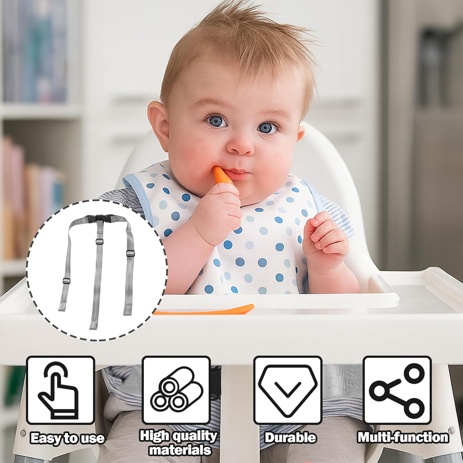 High Chair Straps, High Chair Harness Compatible with IKEA, Harness Safety Belt, Adjustable Baby Kid Safe Belt, Spare Parts 3 Point Safety Straps for IKEA Antilop Protect Children'S Security(Grey) image number 6