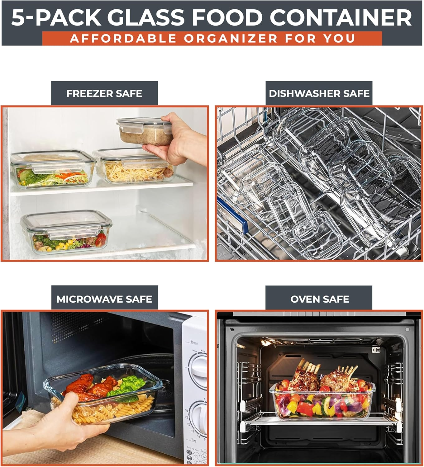 RFAQK Glass Food Storage Containers 5 Pack, 35OZ (5Containers&5Lids) Airtight Meal Prep Containers for Kitchen Storage & Organisation- Leakproof Lunch Box Safe for Oven,Freezer, Dishwasher image number 2