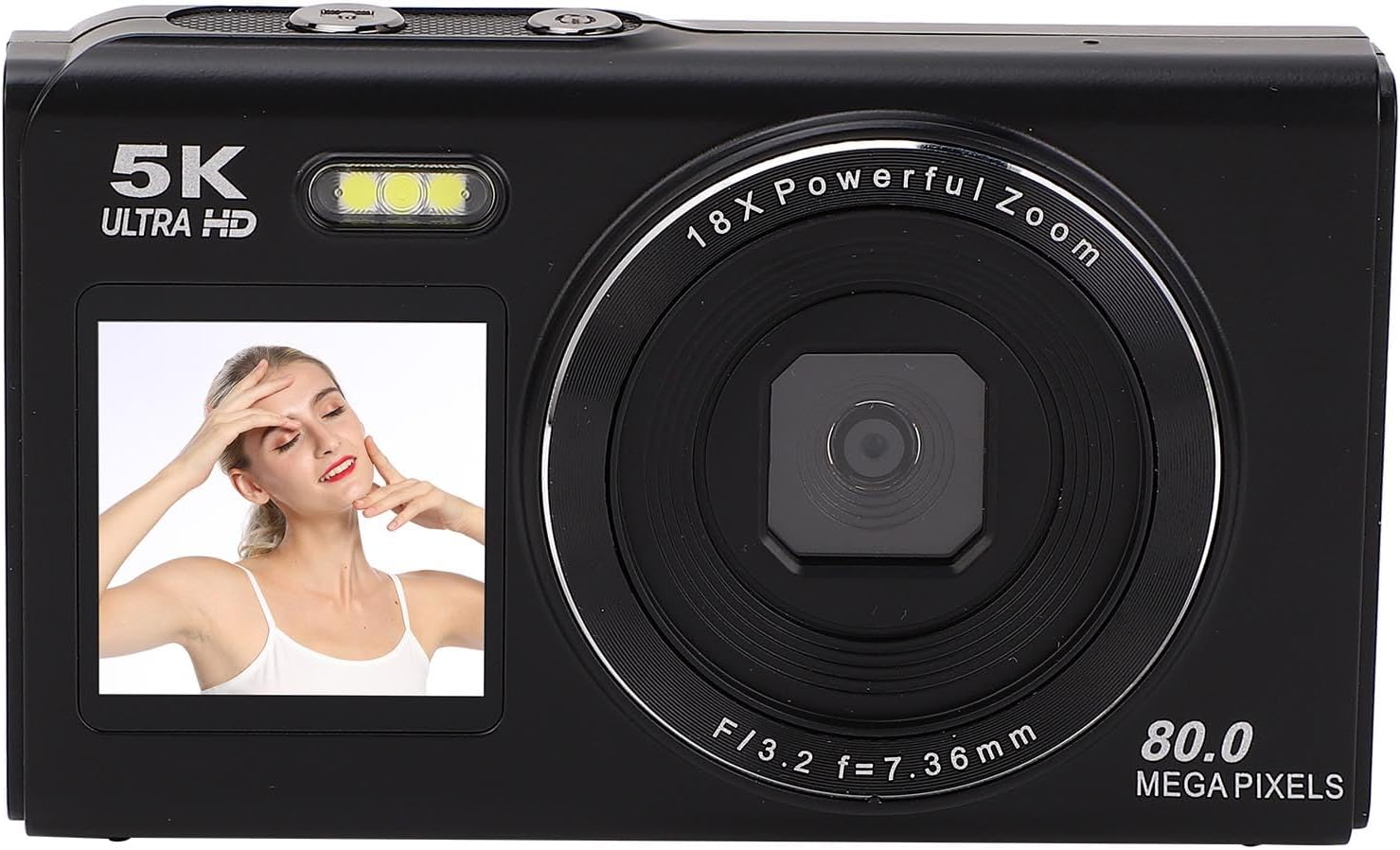 5K Digital Camera with 80MP Dual Screen, 18X Zoom, Wifi, Auto Focus, Built-In Flash, 2.8In & 1.5In Display, Vlogging Camera for Teens, Travel, Streaming, Photography (White)
