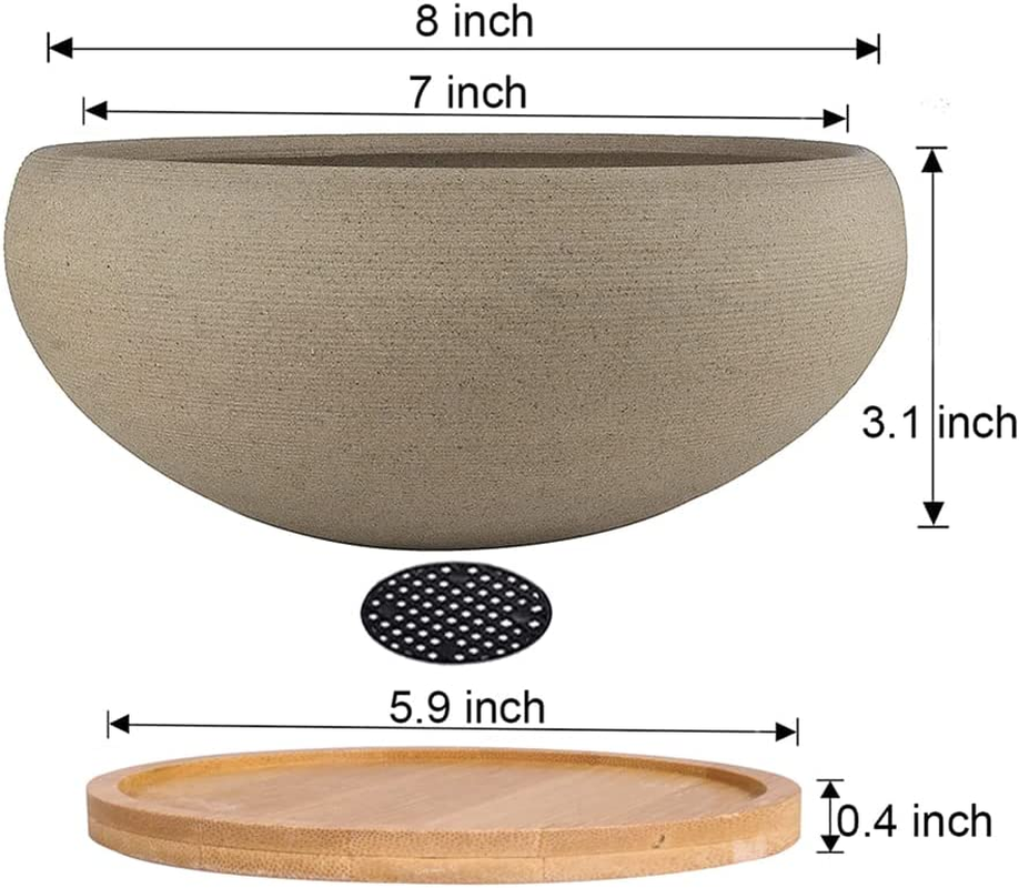 MUZHI round Unglazed Ceramic Bonsai Pot with Bamboo Tray, Large Rough Pottery Succulent Planter with Drainage Hole 8 Inch &hellip; image number 3