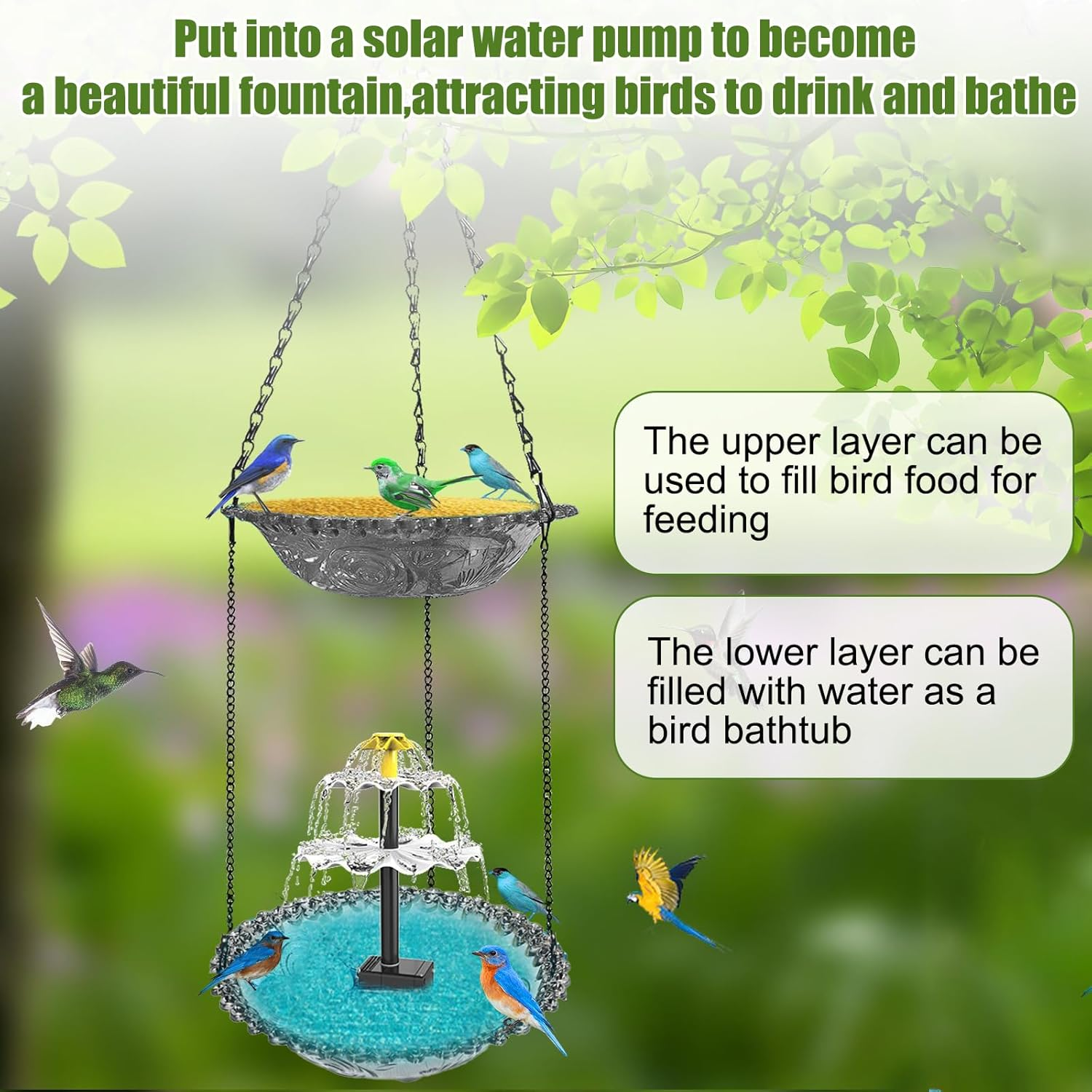 Hanging Bird Bath with Solar Fountain, Solar Birdbath, 9.25" X 27.6" H Double-Layer Hanging Bird Baths for Outdoors, Garden, Hummingbird (Gray) image number 4