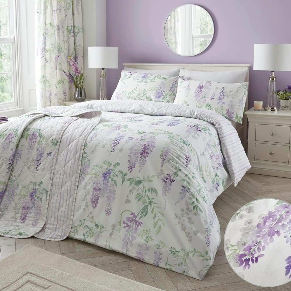 Dreams & Drapes - Purple Floral Wisteria Duvet Cover - King Bedding Size (230 X 220Cm) - Reversible Design (Purple Stripe) - Easy Care & Washable - Flower Duvet Cover in Lilac/Lavender Colour image number 1