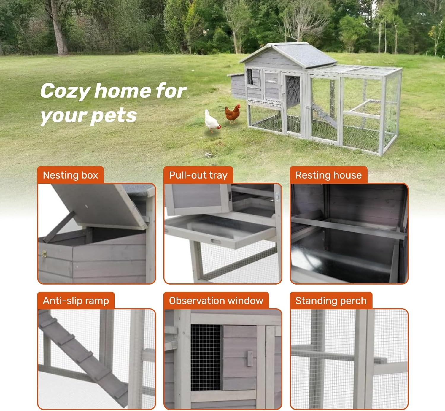 Wooden Outdoor Chicken Coop with Nesting Box, Large Run & Waterproof Roof image number 5