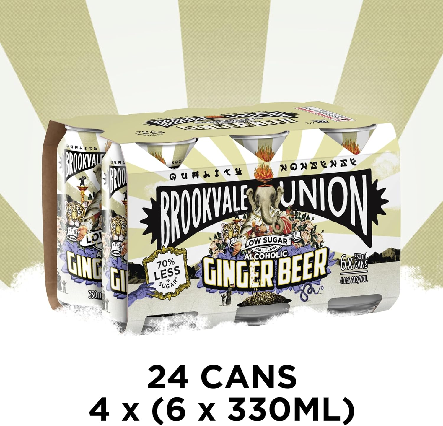 Brookvale Union Low Sugar Alcoholic Ginger Beer, Spicy & Smooth Finish, 4% ABV, 330Ml (Case of 24 Cans)