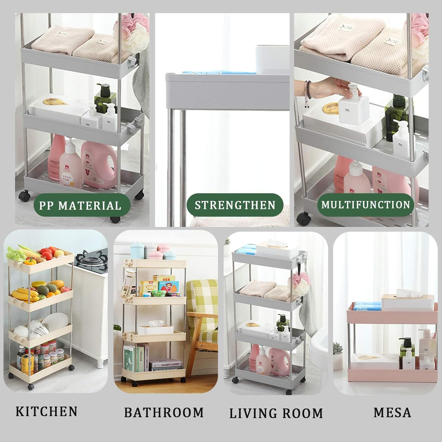 Storage Cart 4 Tiers Unit Shelf Rack with Wheels Slim Cart Tower Organizer for Kitchen Plastic & Stainless Steel White image number 4