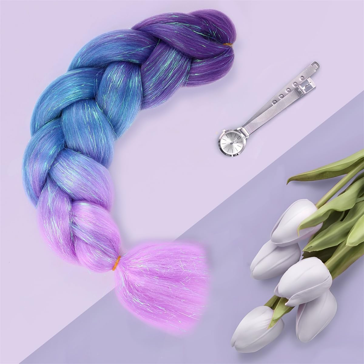 Ombre Jumbo Braiding Hair Extensions with Sparkling Hair Tinsel Strands Jumbo Braiding Hair Extensions High Temperature Fiber Crochet Twist Braids 24Inch 3Pcs/Lot (C26) - C26 image number 2