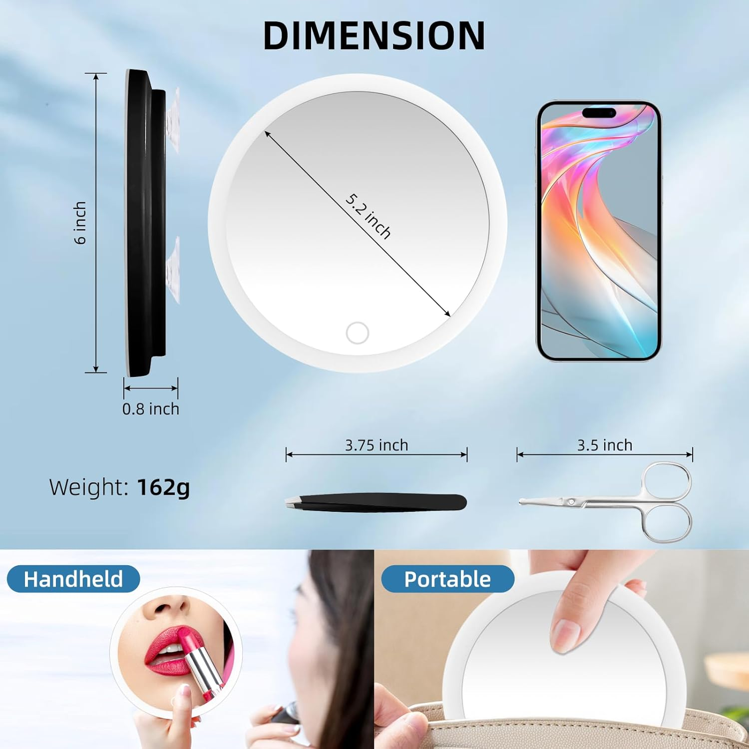 5X Makeup Magnifying Mirror with Lights, Portable 6Inch Magnifying Mirror with Suction Cups Wall Mount, 5X Lighted Travel Magnification with Tweezers and Scissors - Perfect for Makeup & Close-Up Tasks image number 3