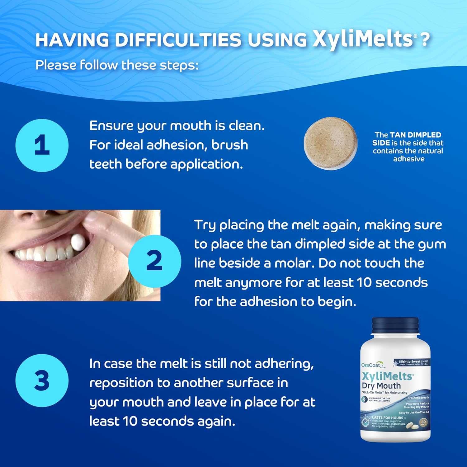 Oracoat Xylimelts Dry Mouth Relief Discs &ndash; Xylitol &ndash;Oral Adhering Discs for Day & Night Use &ndash; ARTG Listed &ndash; Non-Acidic, Time-Release Formula 3 Bottles (240, Slightly-Sweet Flavor) image number 1