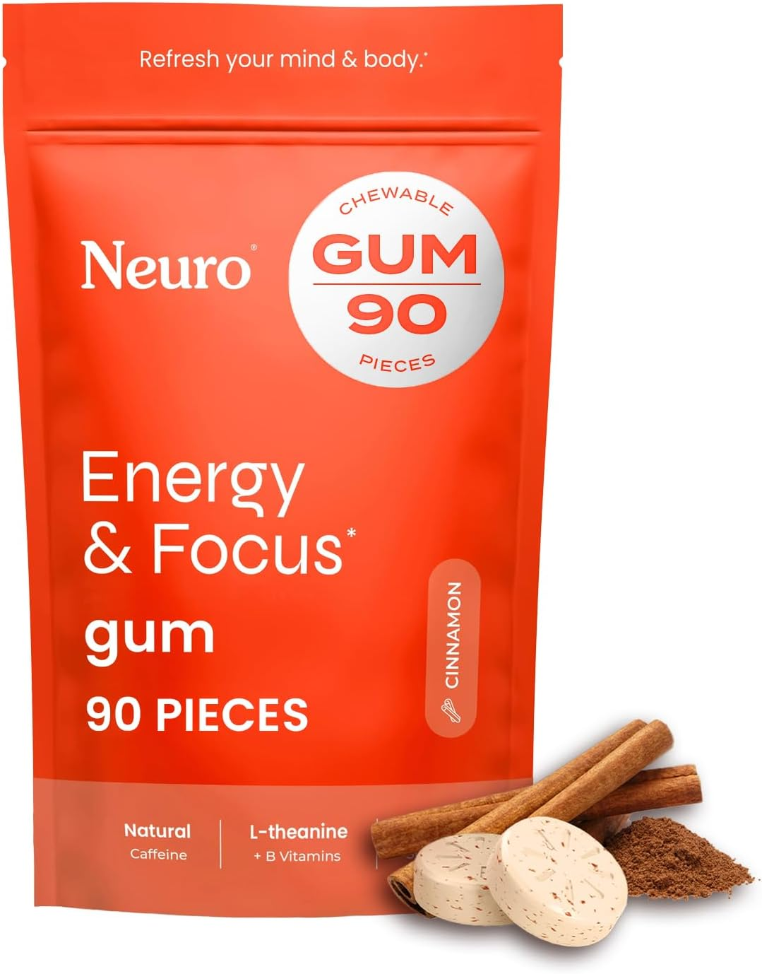 Neurogum Energy Caffeine Gum (90 Pieces) - Sugar Free with L-Theanine + Natural Caffeine + Vitamin B12 & B6 - - Keto & Vegan, Cinnamon Flavor image number 1
