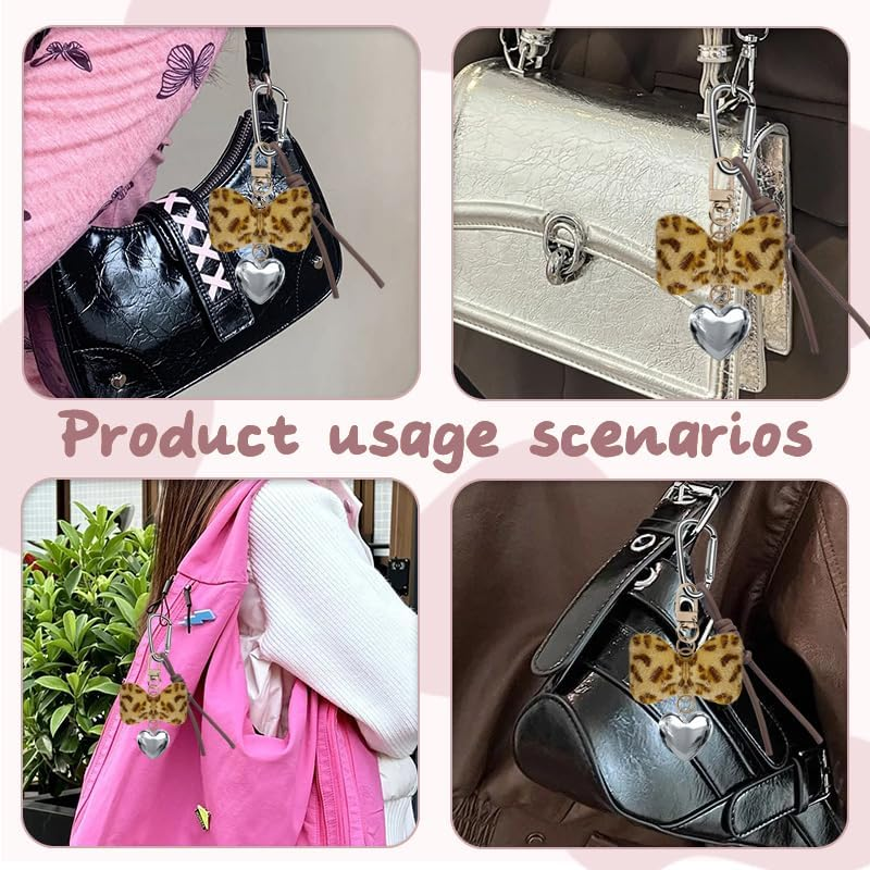 Leopard Bow Keychain Accessories Y2K Heart Bag Charms for Handbags Tote Bag Fluffy Bow Charms for Purse Leopard Print Fuzzy Charms for Girls Women Vintage Y2K Silver Heart Keychains for Car Keys image number 1