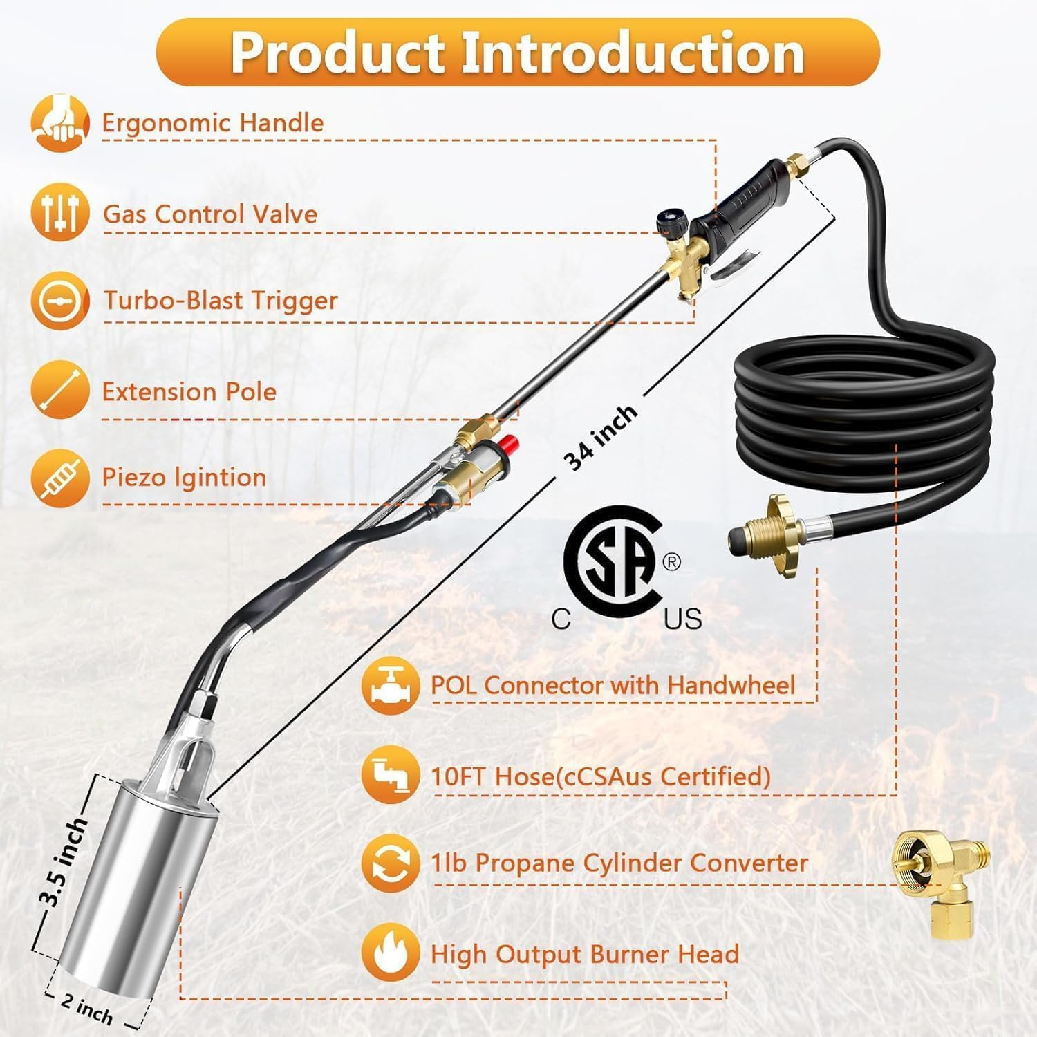 Propane Torch Weed Burner, 1,800,000 BTU Propane Gas Blow Torch Head Weed Torch with 10FT Hose, Flame Control, Turbo Trigger Push Button Igniter, Flamethrower for Burning Weed Roads Paint Removal image number 6