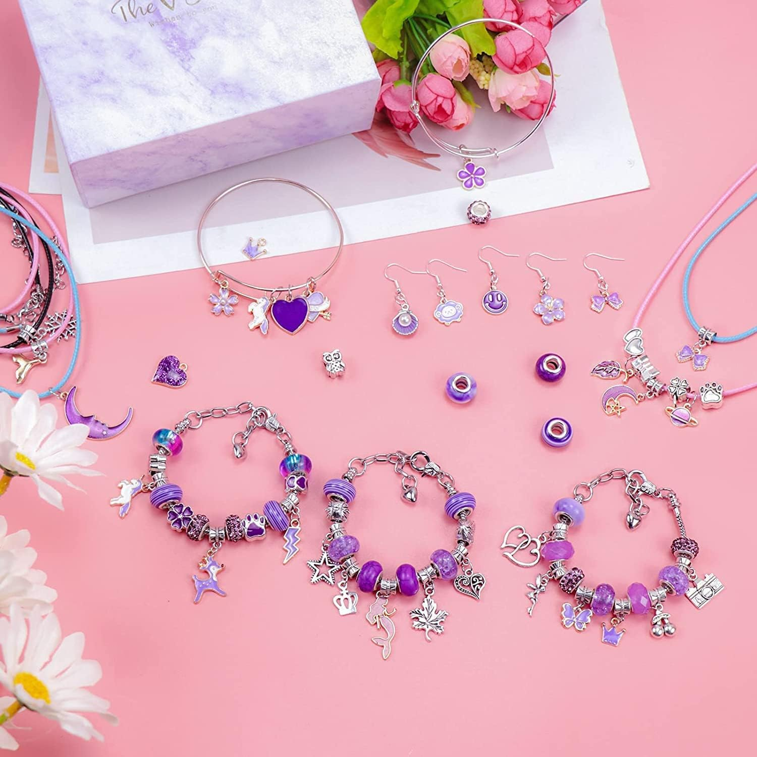 162 Pcs Charm Bracelets Kit, Necomi Jewellery Making Kit with Beads, Purple Fantasy Charm Style, Bracelet Making Kit for DIY Craft and Teen Girls Jewelry for Kids Friendship Age 6-12 image number 3