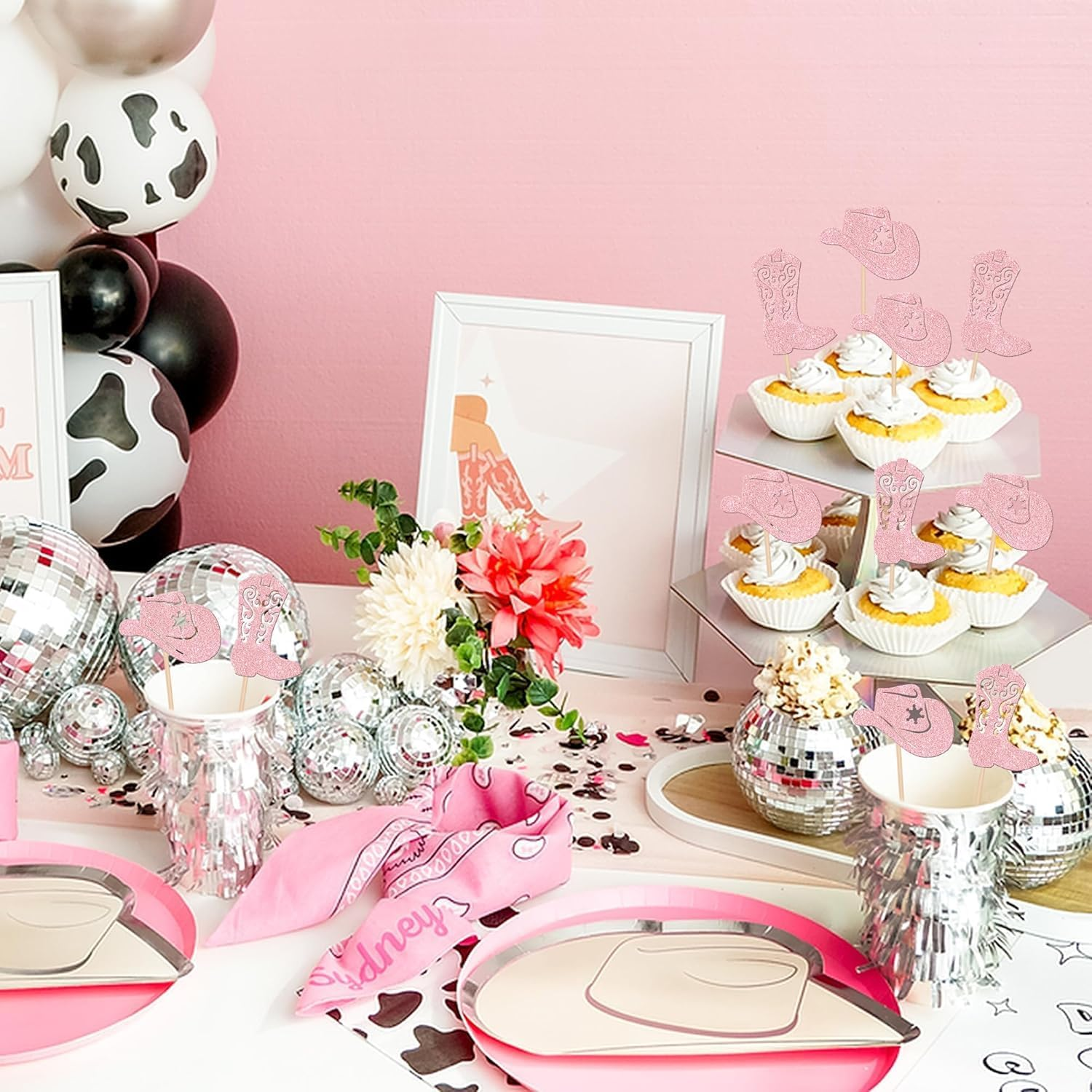 SYKYCTCY 24 Pack Cowboy Cupcake Toppers Glitter Hat Boot Cupcake Picks Western Cowboy Birthday Cake Decorations for Western Theme Baby Shower Birthday Party Supplies (Pink) - Brown image number 4