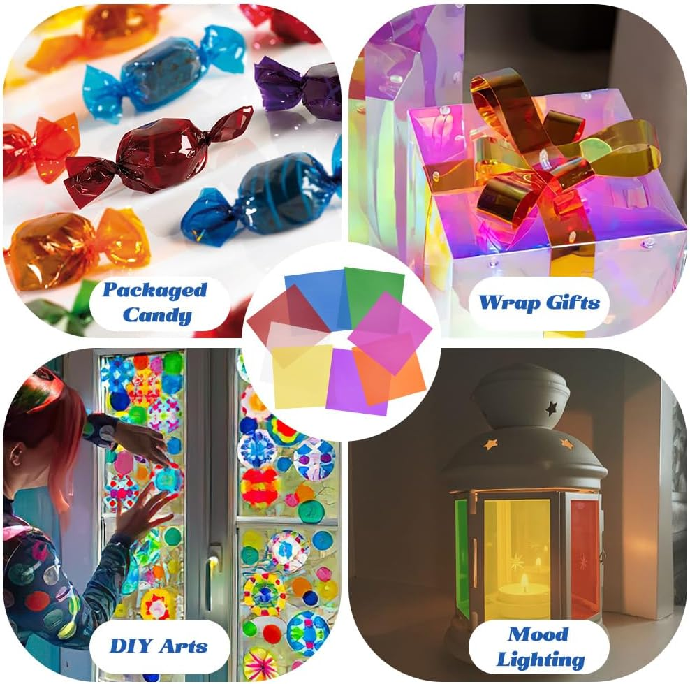 Cellophane Wrap, 120Pcs Cellophane Sheets, 8 Multi-Colors Colored Cellophane, 7.5X7.5 Inch Transparent Colored Plastic Wrap (Rainbow-120Pcs) image number 5