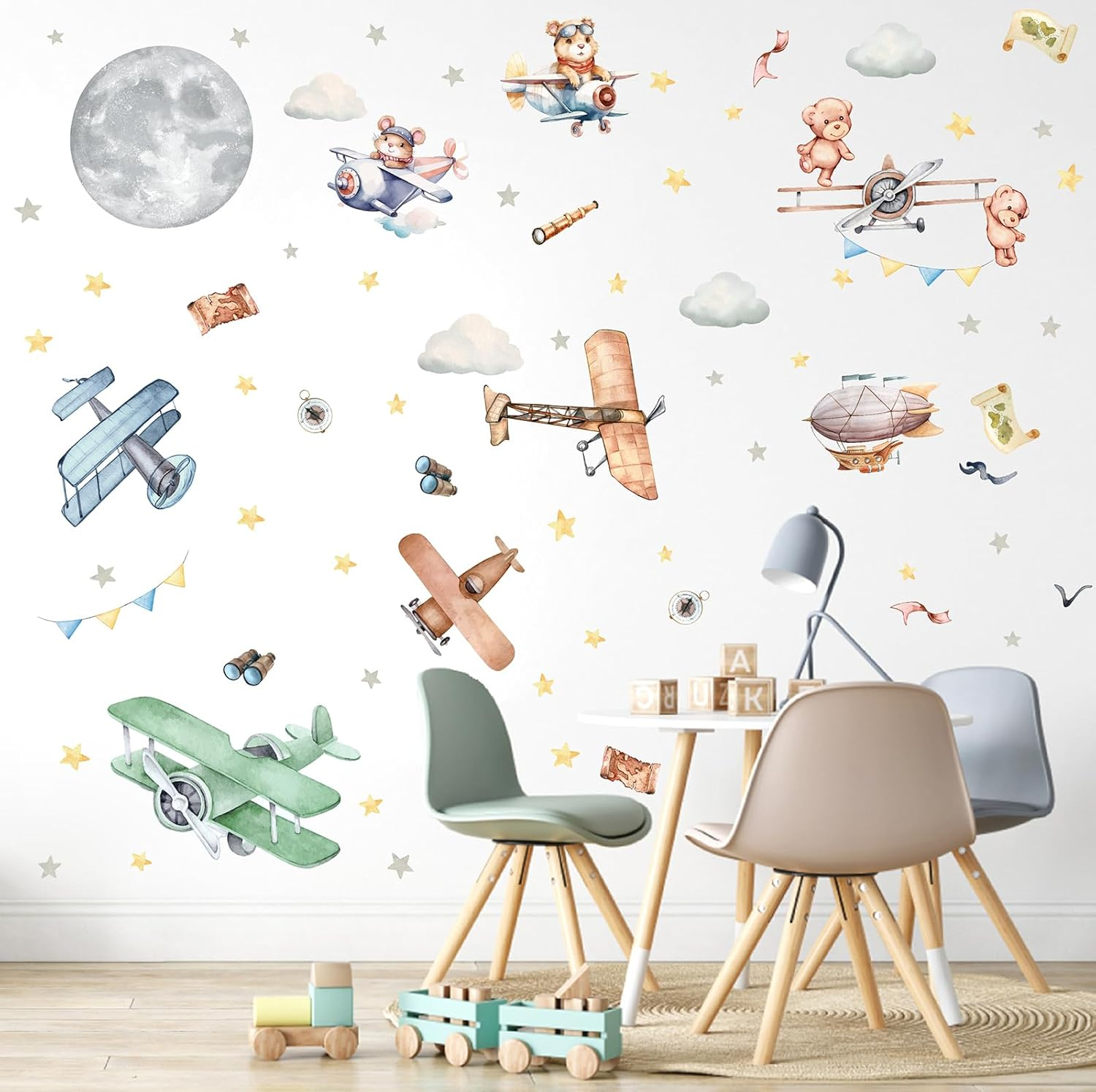 Vintage Airplane Wall Decals Cartoon Aircraft Balloon Animal Wall Stickers Moon Star Cloud Fabric Wall Stickers Cute Helicopter Watercolor Plane Wall Decals for Boys Room Kids Bedroom Nursery Decor image number 4