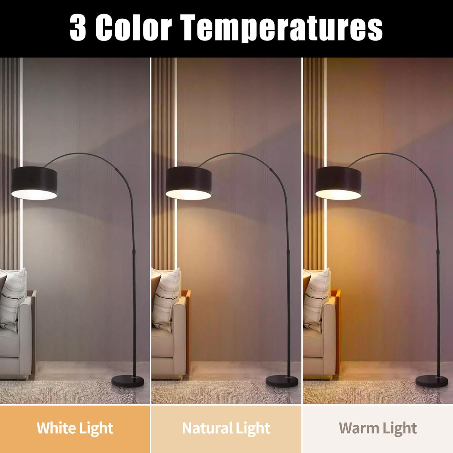 Sumkyle Arc Floor Lamp, Modern Standing Lamp with 12W LED Bulb, Adjustable Color Temperature LED Lighting for Bedroom, Living Room, Study Room (Black)