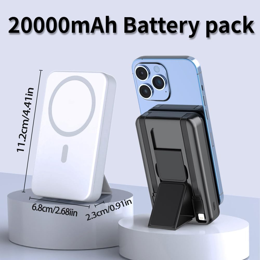 Magnetic Power Bank 20000Mah Portable Charger Wireless LED Display 22.5W Fast Charging Built in 2 Cables and Type-C/Lighting/Usb with Foldable Stand Compatible with Iphone 17 Cell Phone Series-Black image number 4
