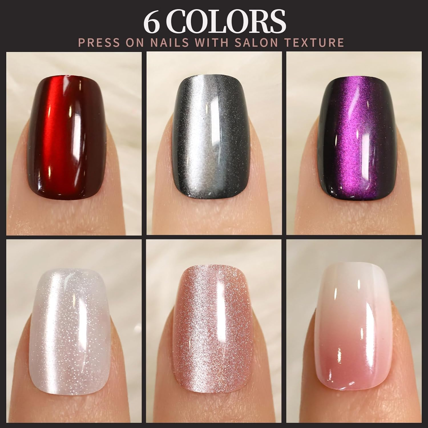 FANDAMEI Cat Eye Press on Nails Short Square, 6 Colors Natural Fake Nails Fine Diamond Shine, Glossy Ombre, Cat Eye Press on Nails for Women with Salon Quality image number 6