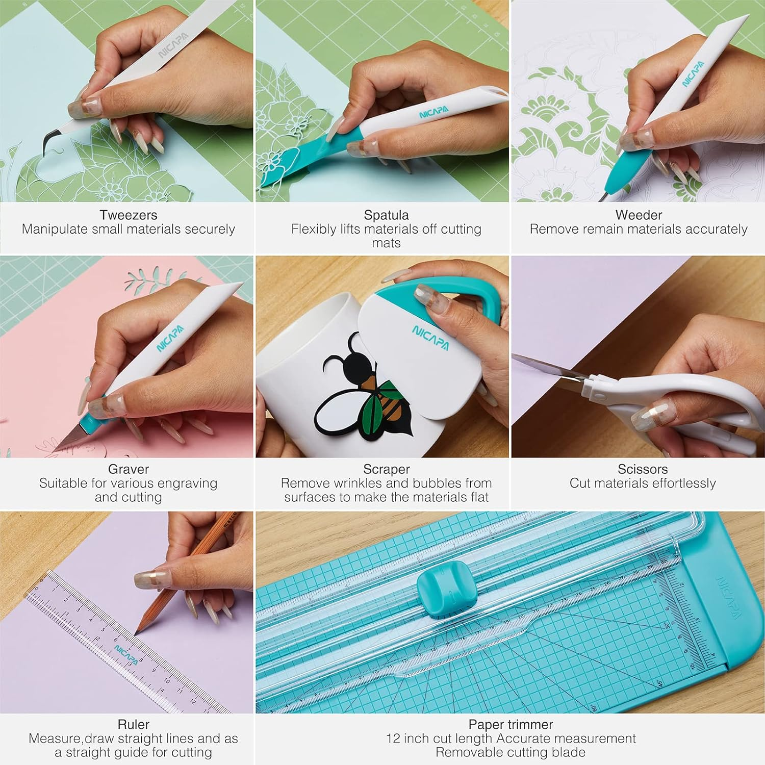 NICAPA Paper Trimmer A4 Paper Cutter Weeding Tool Set for Vinyl , Basic Weeding Tool Kit Craft Knife/Weeder/Scraper/Spatula/Tweezers/Scissors A4 Craft Paper Trimmer Tool Set for Vinyl, Paper, Photo , Coupon, Lable and Cardstock-Blue - White image number 3