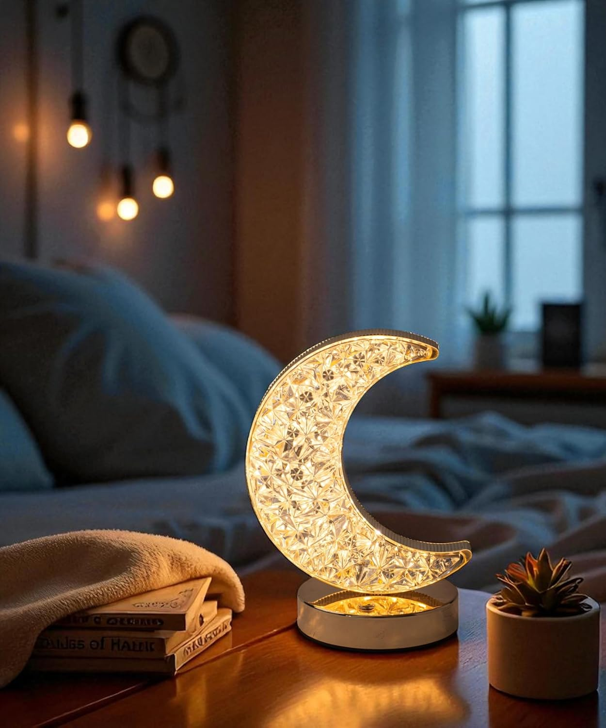 Meletē Moon-Shaped LED Table Lamp - USB Rechargeable, Battery-Operated, 3-Way Dimmable &ndash; Cordless Bedside or Desk Lamp, Cute D&eacute;cor for Bedroom, Living Room, Dining Table &ndash; Aesthetic Gift image number 1