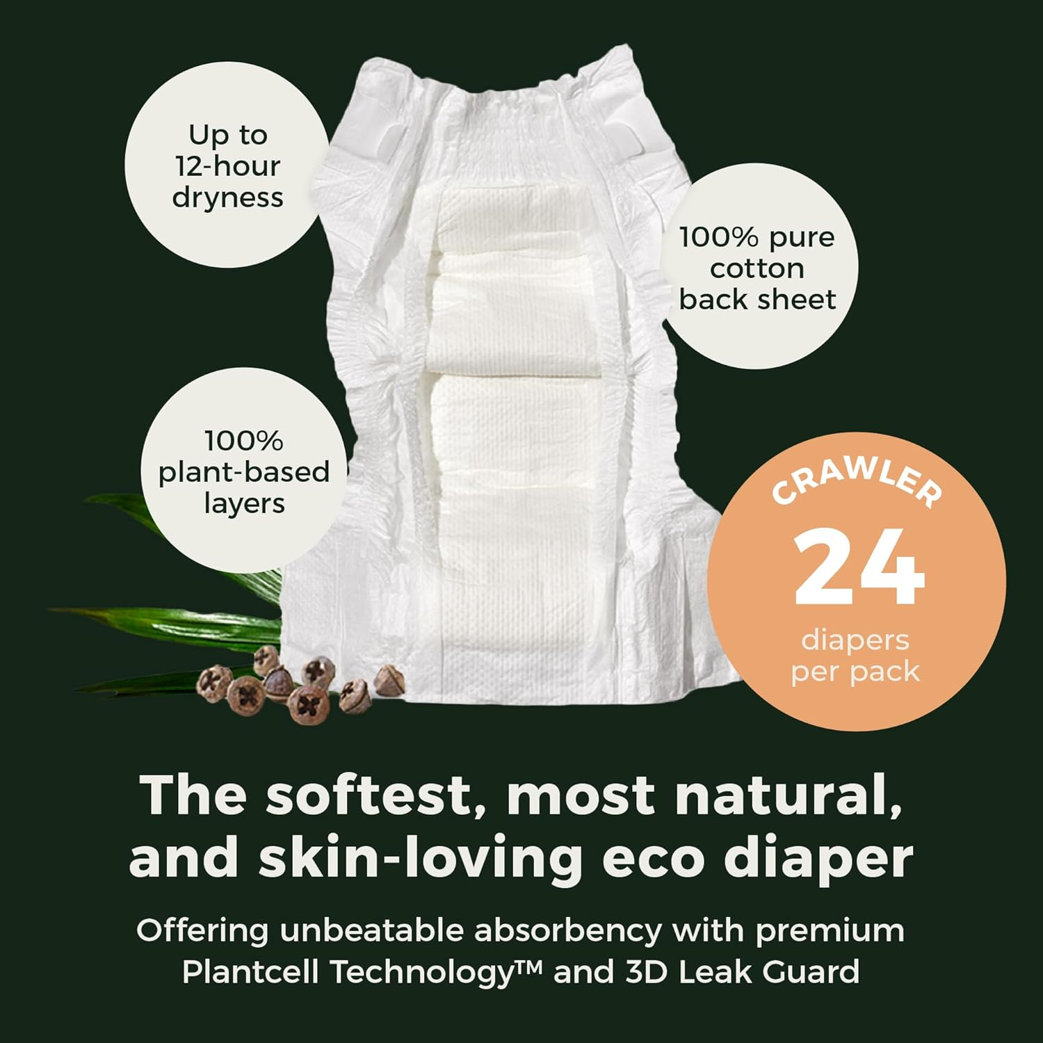 Ecoriginals - 24 Eco Crawler Nappies - Baby Nappy with 100% Plant-Based Layers, Disposable & Hypoallergenic Baby Essentials for Kids - Secure Fit Baby Nappies Size 3 (7-12Kg), 1 Pack image number 6
