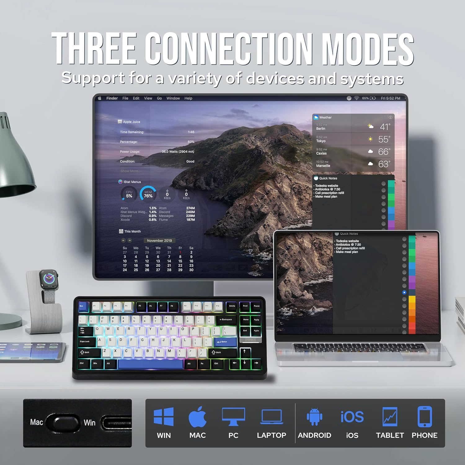 EPOMAKER TH85 QMK/VIA Wireless Mechanical Keyboard, Usb/2.4Ghz/Bluetooth Gaming Keyboard, Hot Swappable Custom Keyboard, Gasket Creamy Keyboard for Pc/Mac/Office/Gaming (Black&White&Blue) - Black image number 7