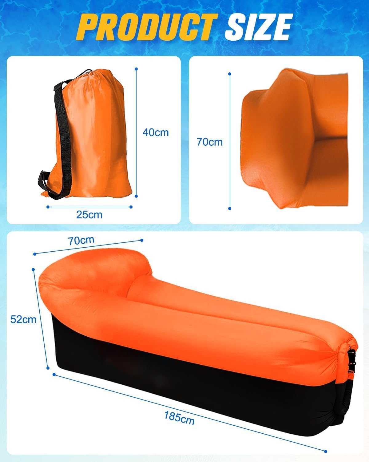 Aymxcls Inflatable Lounger Air Sofa Chair Camping & Beach Accessories Portable Water Proof Couch for Hiking, Picnics, Outdoor, Music Festivals & Backyard&ndash;Lightweight (Orange) - Orange image number 6