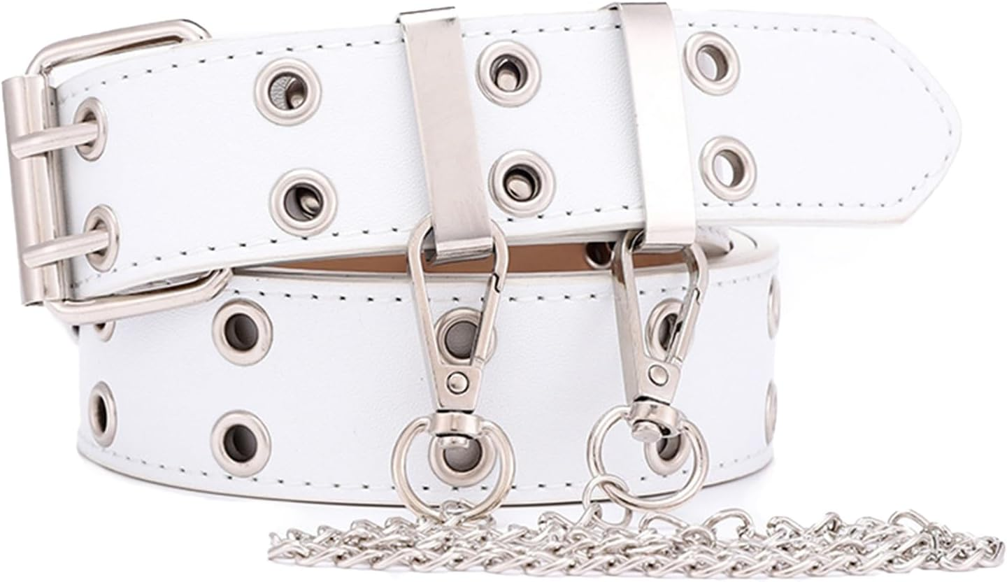 Grommet Leather Belts Y2K Punk Waist Belts PU All-Match Belt Rock Niche Design Belt with Detachable Chain Double Prong Buckle Vintage Jeans Belts for Women or Men