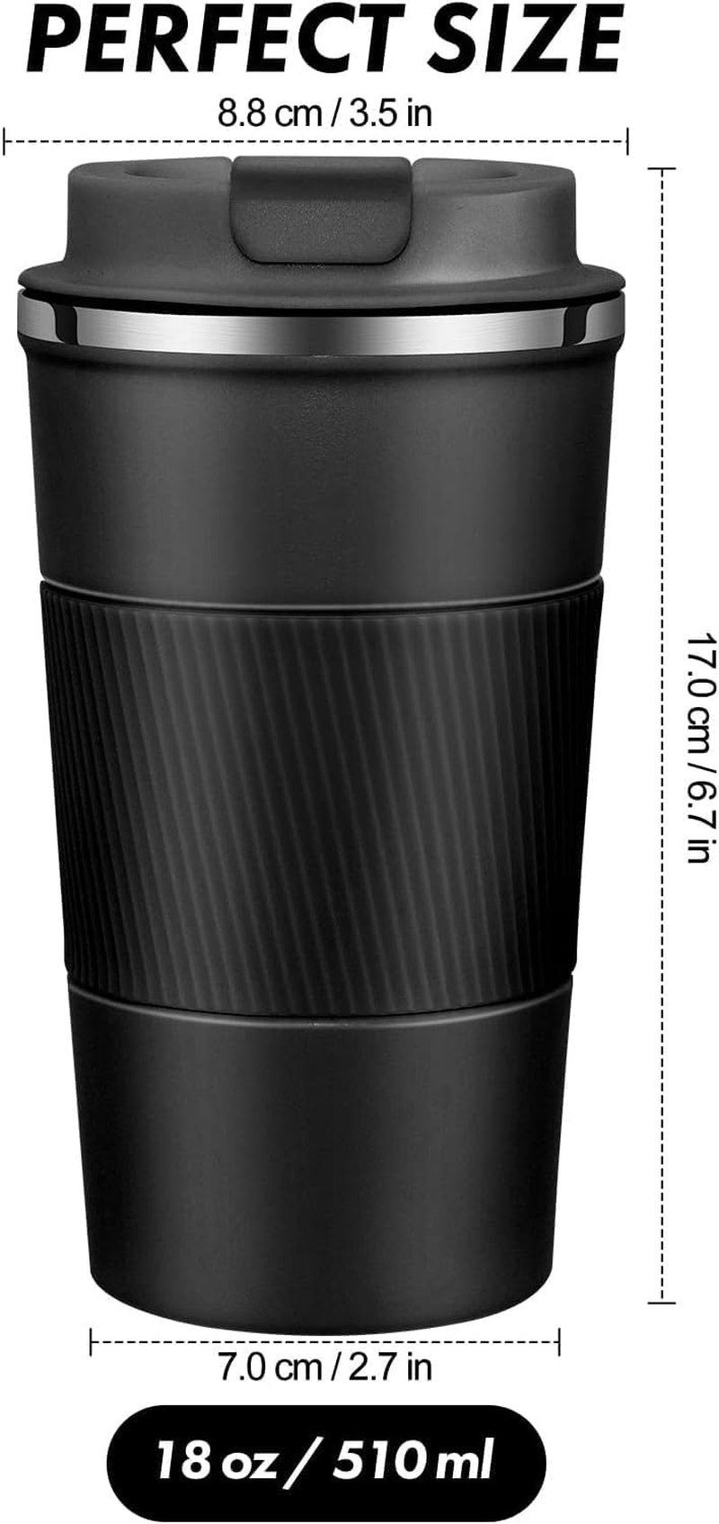 Travel Mug Reusable Coffee Cups 510Ml/17Oz Insulated Mug Thermal Tumbler to Go with Lid Leak Proof Thermal Insulated Vacuum Insulation Stainless Steel Bottle for Hot Cold Drinks (Black)