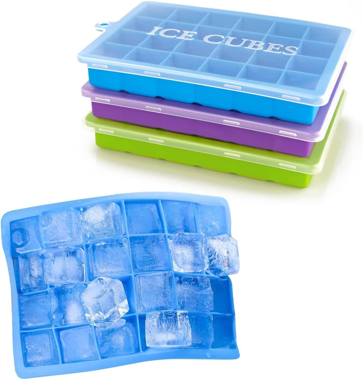 Morfone Silicone Ice Cube Trays 3 Pack with Removable Lid Easy-Release Flexible Ice Molds 24 Cubes per Tray for Cocktail, Whiskey, Baby Food, Chocolate, BPA Free image number 4