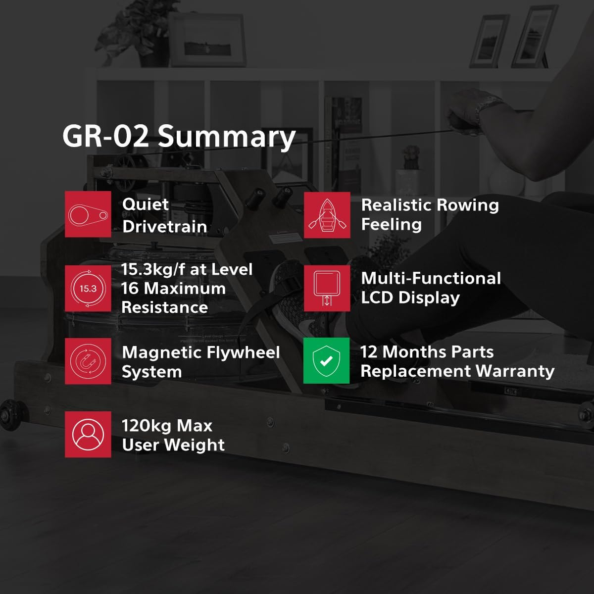 LSG GR-02 Rowing Machine with 16 Levels of Magnetic Resistance, LCD Display with Workout Data, Heavy-Duty Cast Iron Flywheel, Quiet Belt Drivetrain, Transport Wheels, Padded Handle, Commercial Rollers image number 2