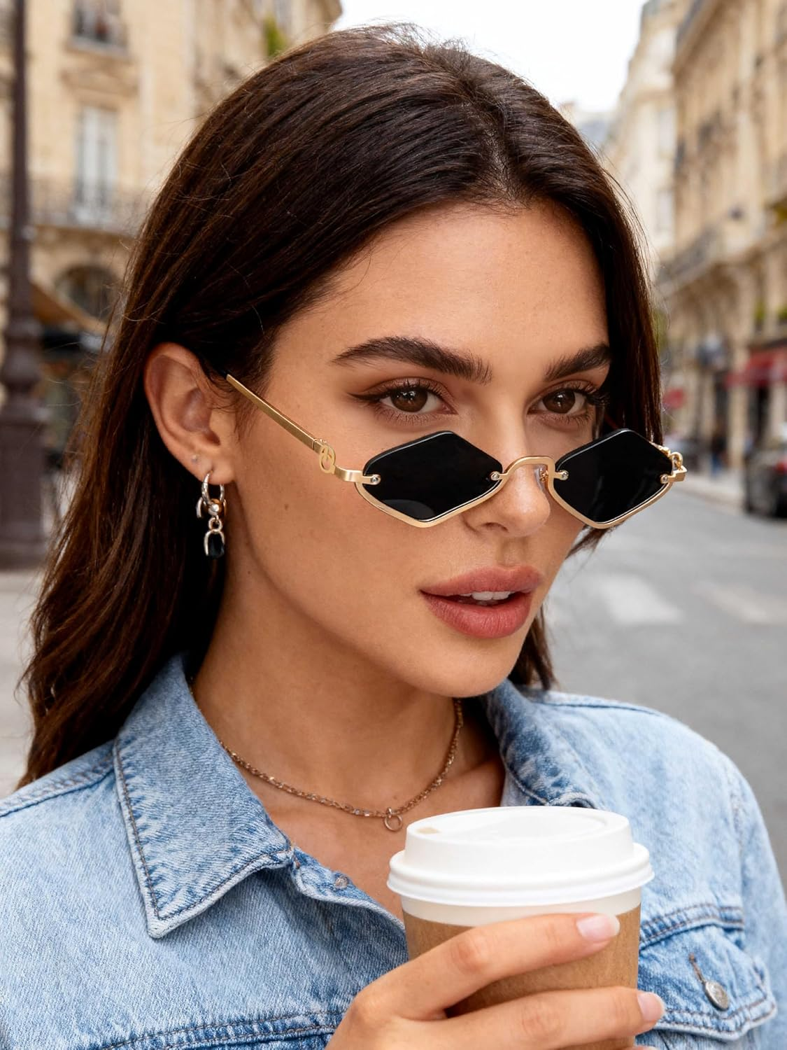 Retro Small Irregular Half-Frame Metal Sunglasses for Women, Trendy Lightweight Narrow Gold Shades UV400