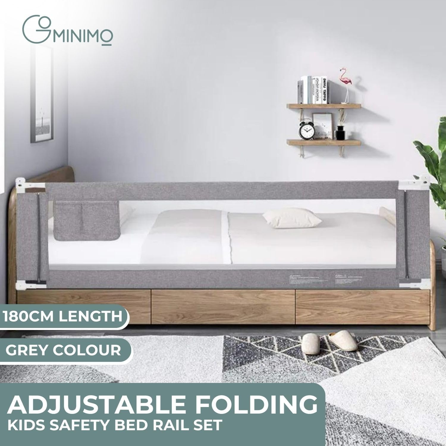 GOMINIMO 90CM Height Adjustable Folding Kids Safety Bed Rail 180X90CM Single Side 1 Pcs - Soft Mesh, Sturdy Steel Frame, Easy to Assemble, Grey image number 4