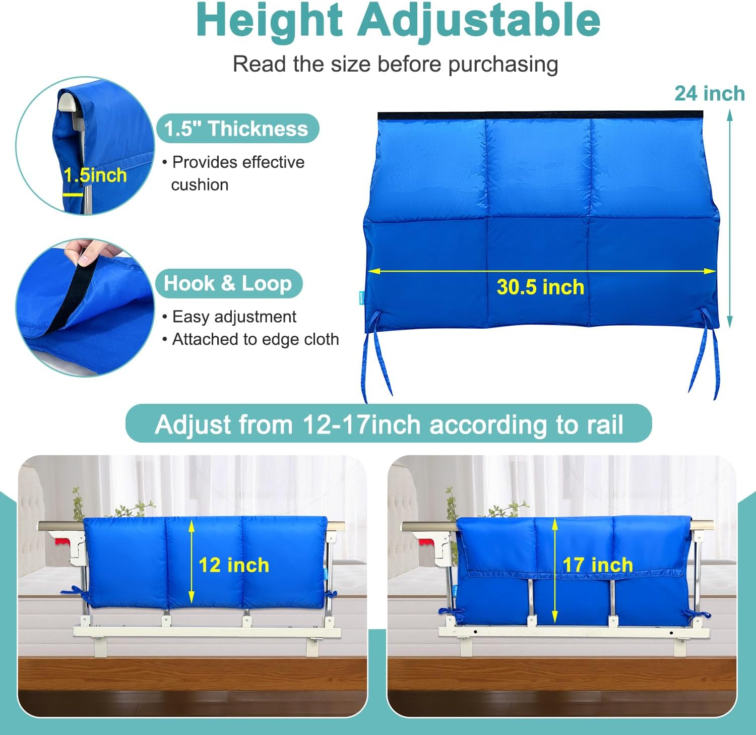 Bed Bumper Pads for Hospital Bed Rail Cover Crib Padding Bedside Safety Guard for Adults Medical Foam Bumper Pads Padding Cover Falling Out of Bed Crash Bumpers 30"X12" (Blue,1 PCS) image number 5