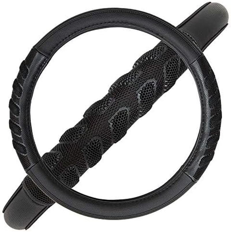 Flying Banner Car Steering Wheel Cover Faux Leather Massage Universal Fit 3D Honeycomb Hole Anti-Slip Sporty 15 Inches (Black Black)