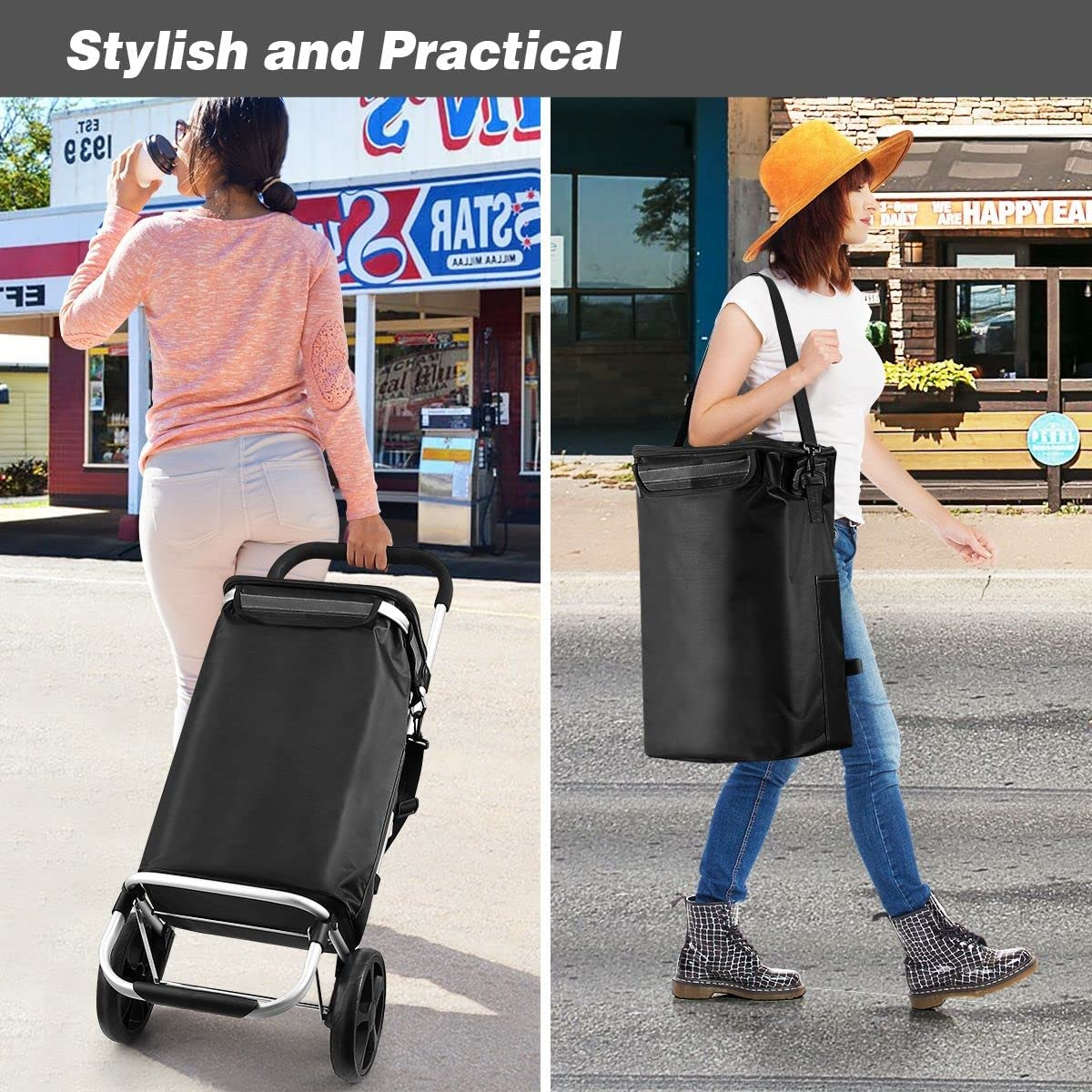 Foldable Shopping Trolley with Wheels Shopping Cart Aluminium Grocery Bag Waterproof Black image number 6
