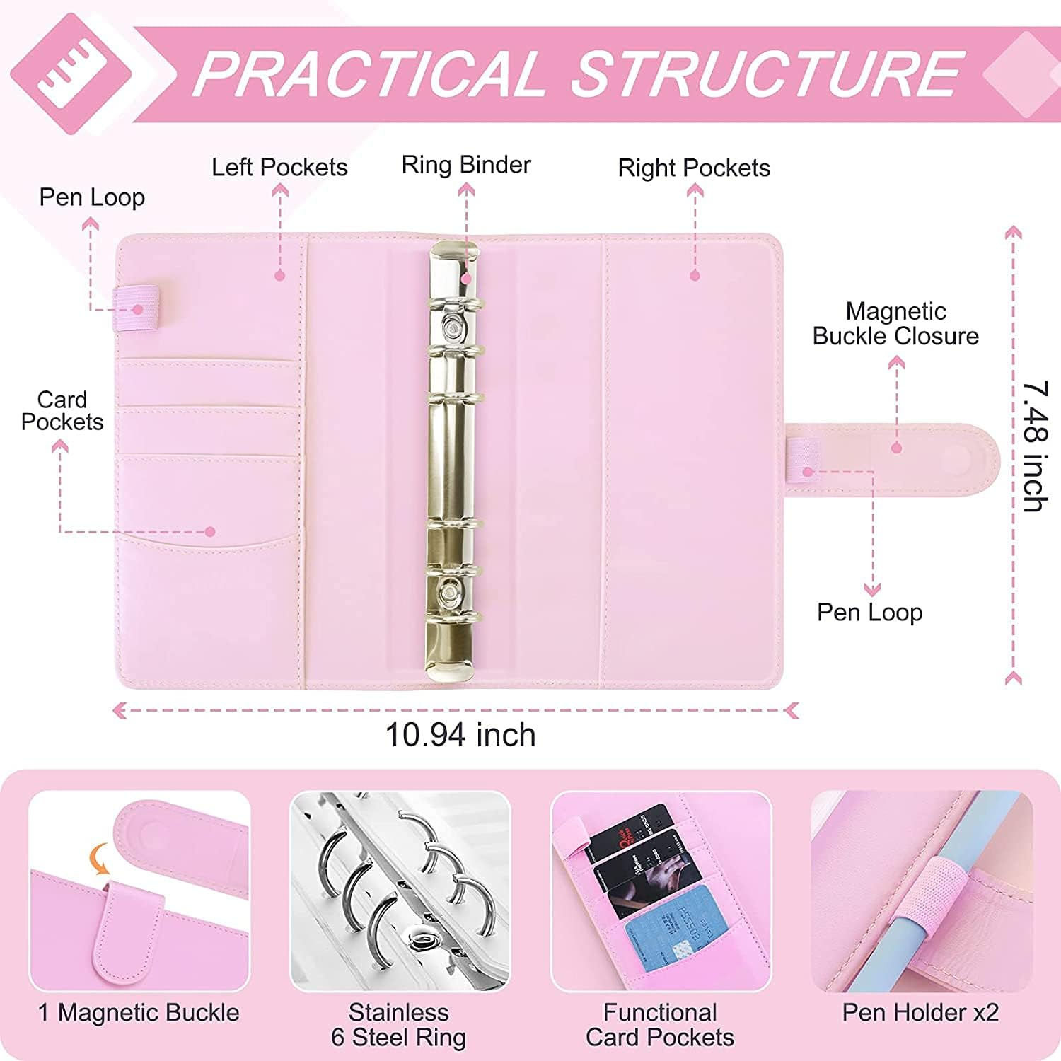 A6 PU Leather Binder Budget Planner Organizer - 6 Ring Binder Cover with 8 Pockets, 12 Expense Sheets & 2 Category Stickers - Money Saving Budget Planner (Pink)