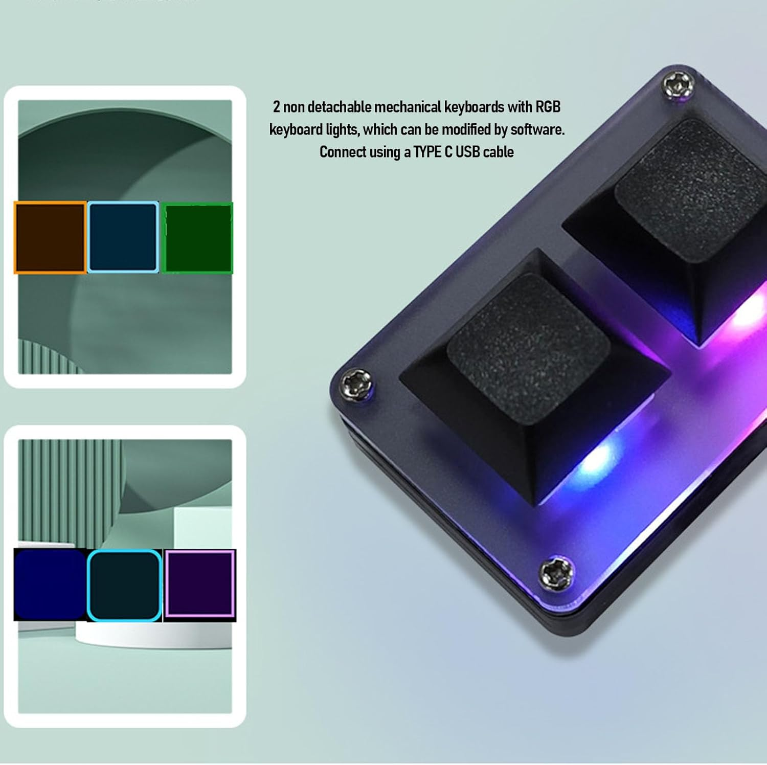 2 Key Keyboard, 5V 1A Acrylic Wired Mini Smart One Handed Mechanical Gaming Keypad, Programmable Shortcut Key Copy Paste Undo Redo Cut RGB Backlit Mini USB Keypad, Plug and Play image number 5