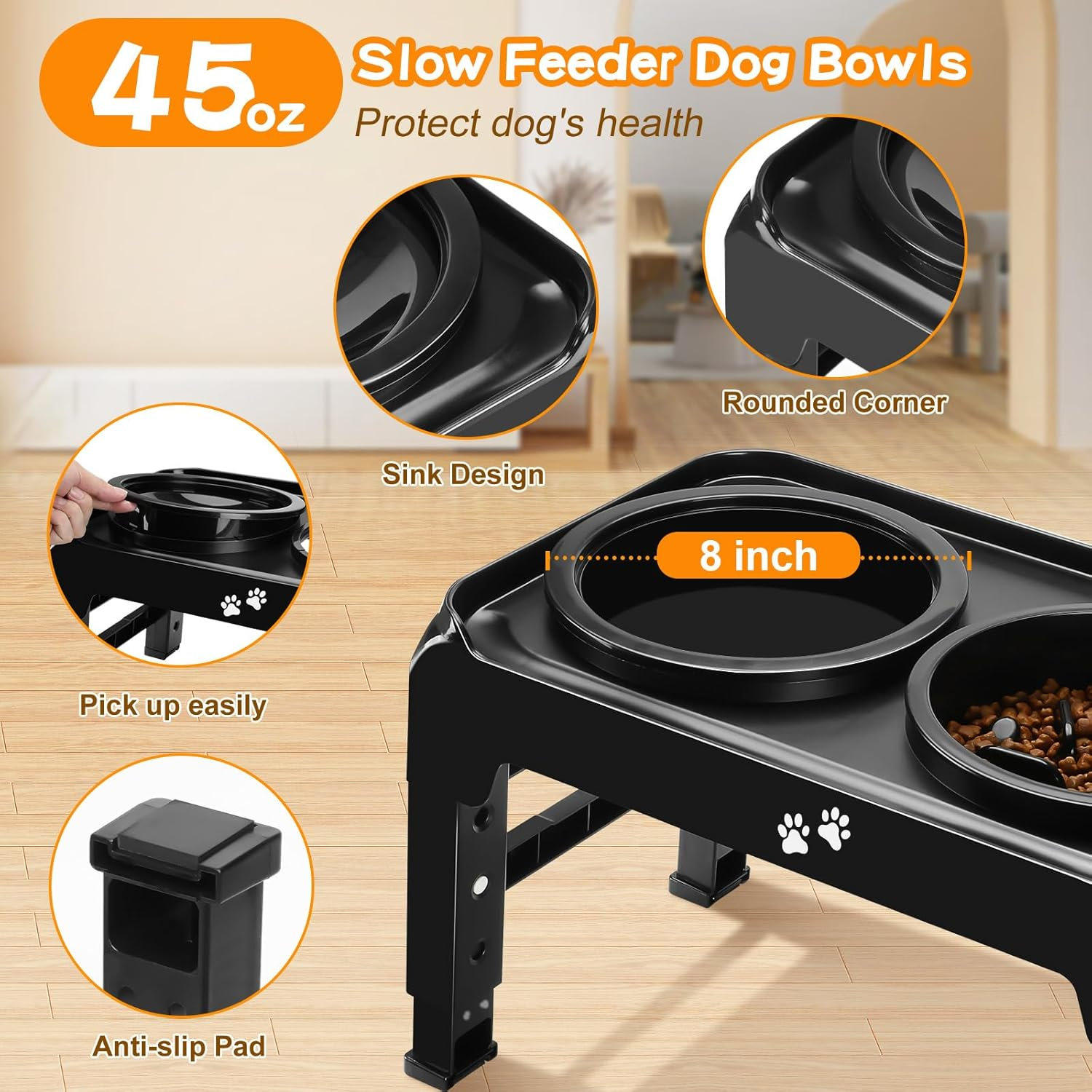 COMESOON 2-In-1 Elevated Dog Bowls Slow Feeder for Large Breed Medium Sized Dogs, 4 Height Adjustable Raised Dog Bowl Stand for Food and Water, Non-Slip Dog Feeder, Black - Grey image number 5