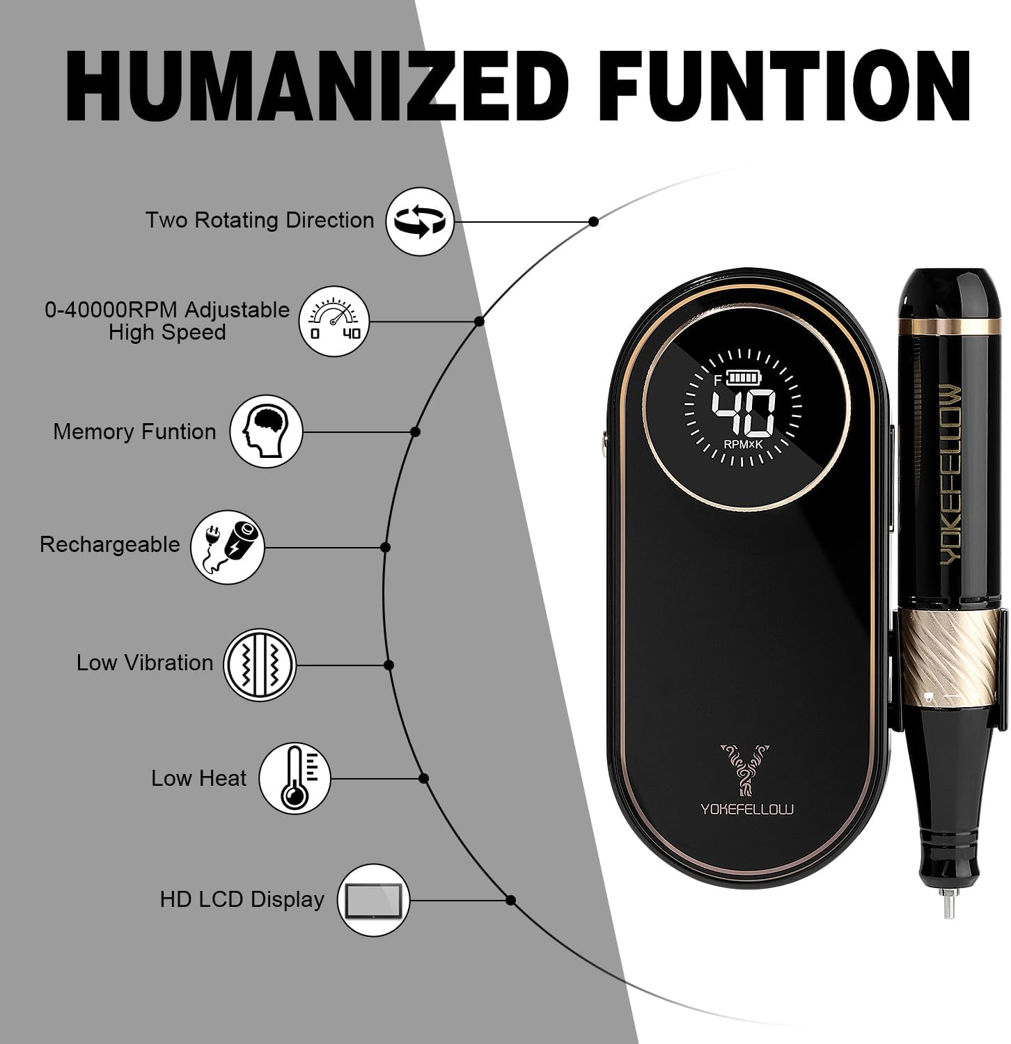 YOKE FELLOW Pngles Professional 40000RPM Portable Rechargeable Nail Drill with LCD Display and 12 Sanding Bits for Pedicure Manicure image number 1