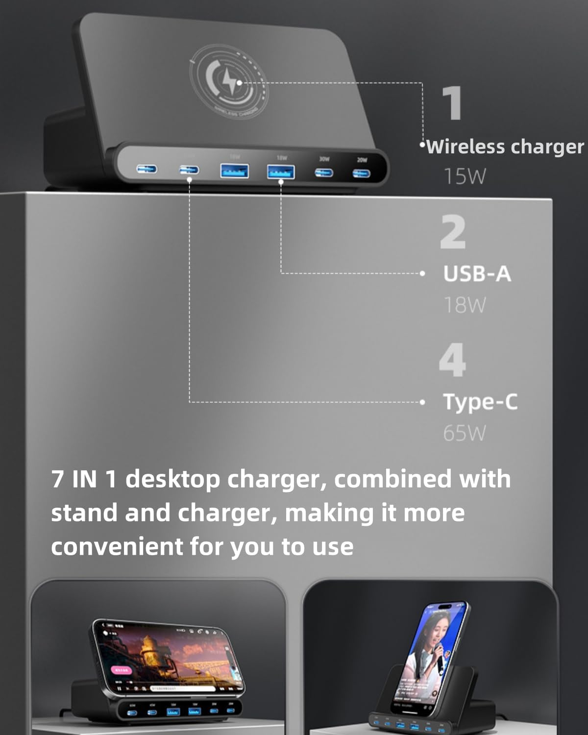 FOSION USB C Charger 160W 6 Port Desktop Wireless Charger Stand，Multiport USB C Charge Station with PD QC 3.0 Fast Charging and 15W Wireless Charging for Macbook，Laptop,Iphone 15,Galaxy S24 image number 1