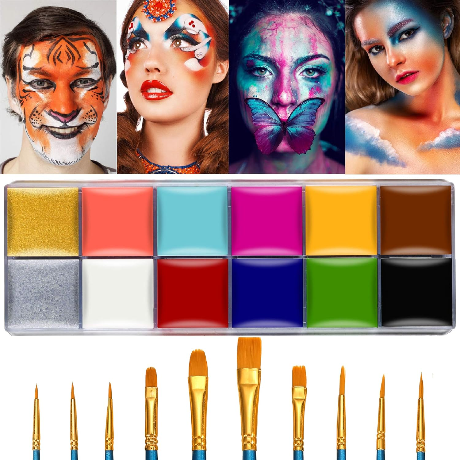 Wismee Pro Stage Special Effects Halloween Face Body Paint Kit, 12Colors Oil Based Makeup Palette (167Ml) + Wound Scar Wax (47Ml) Fake Scab Blood (19Ml) + Spatula + 10 Brushes image number 5